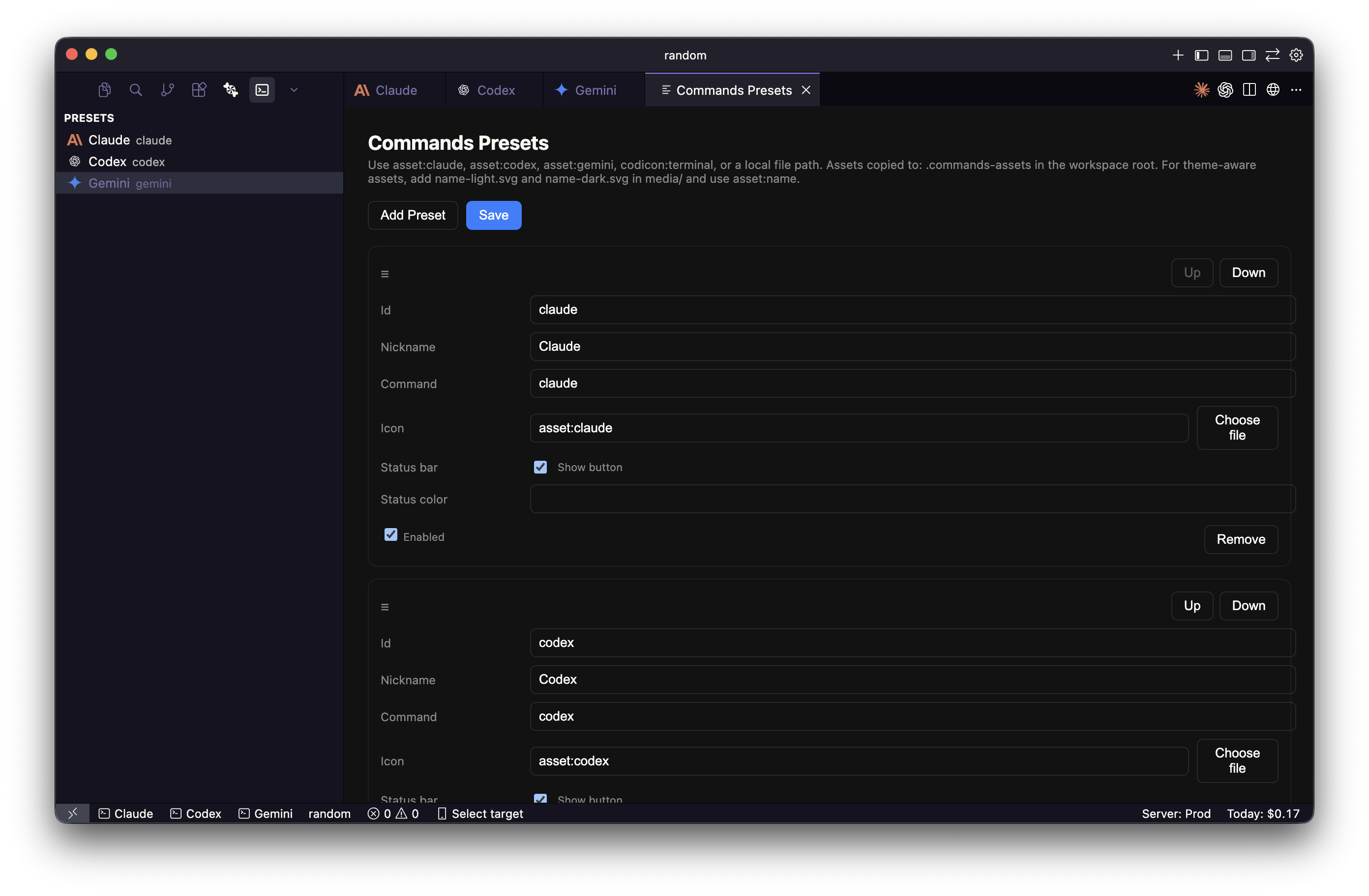 Commands preset editor