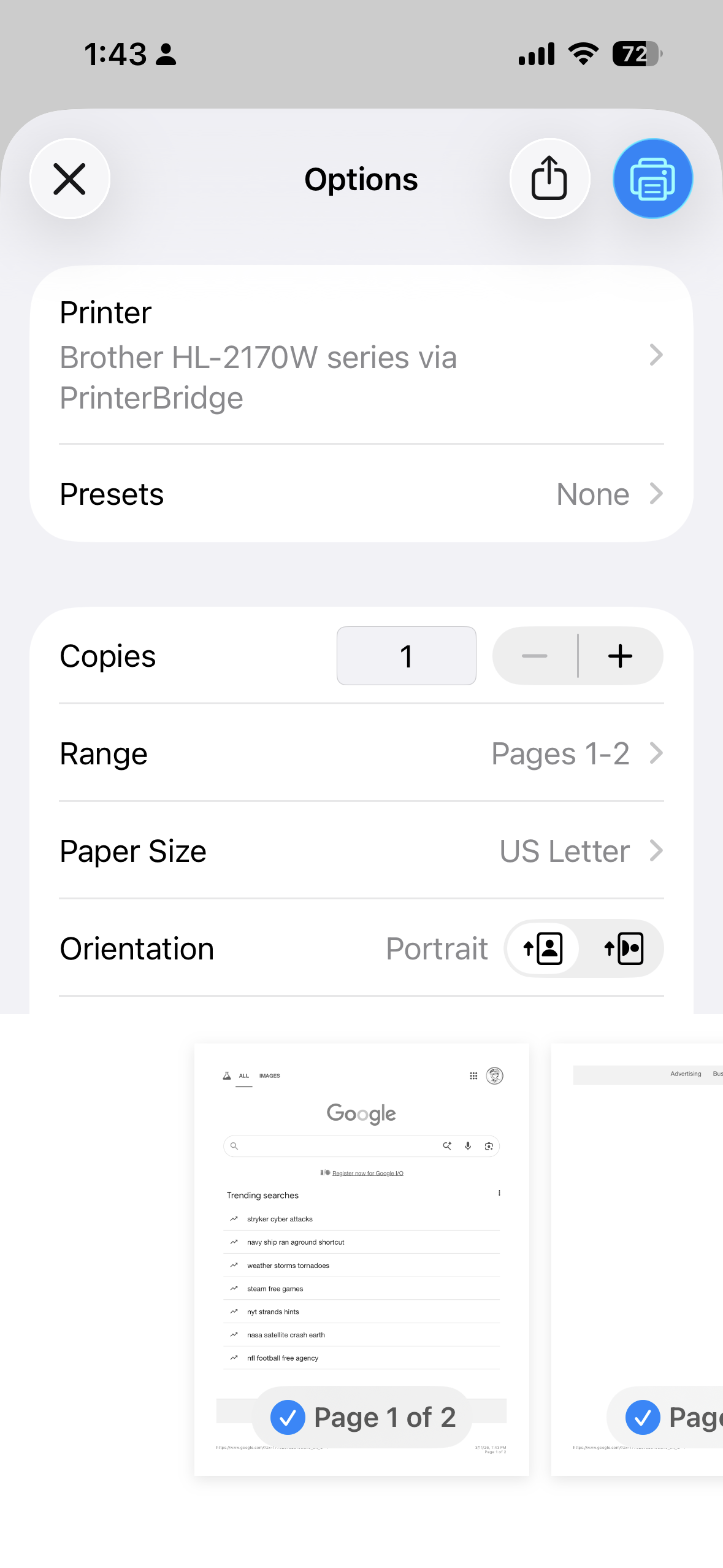 iPhone printing to a printer shared by Printer Bridge