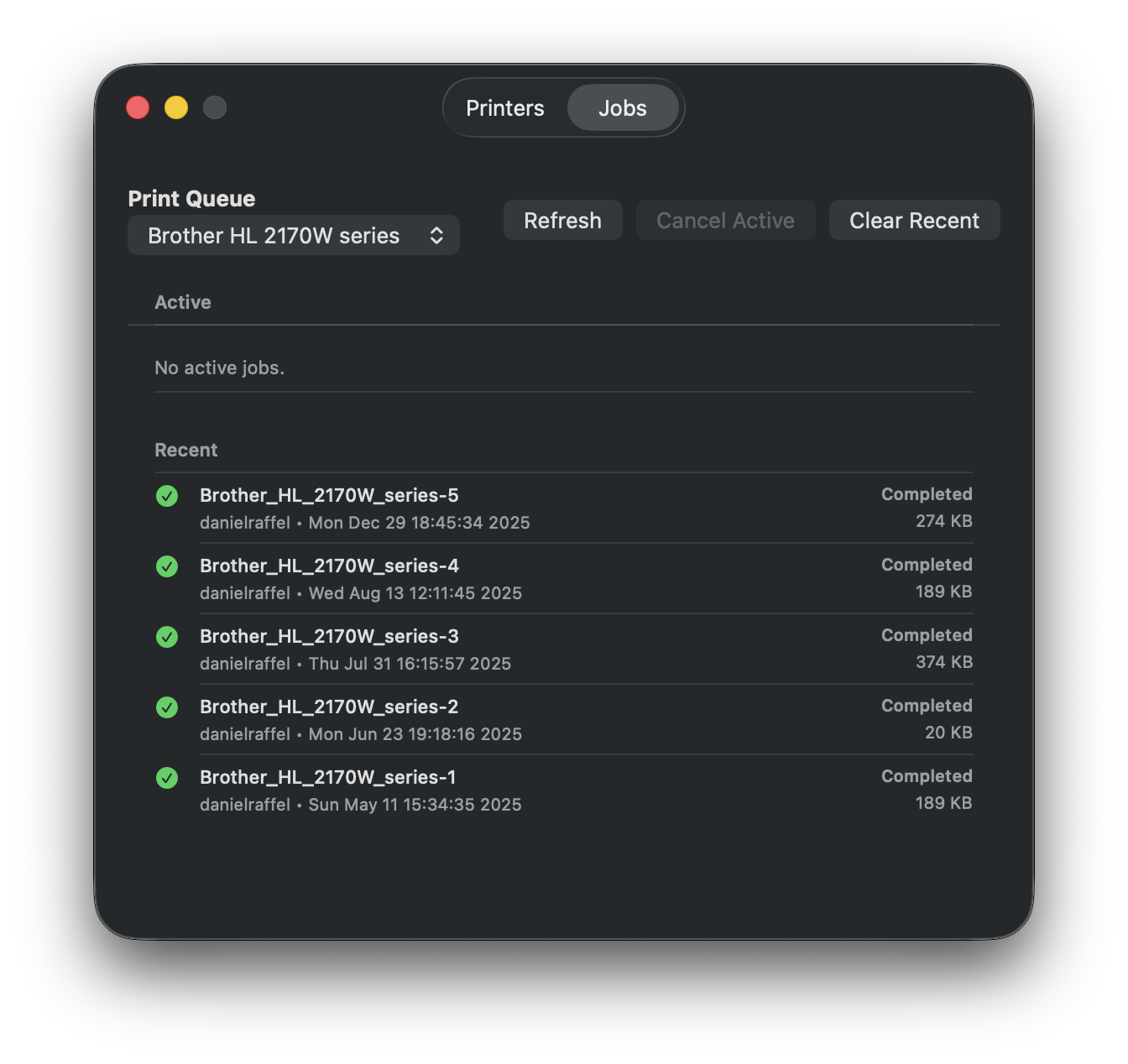 Printer Bridge jobs view in dark mode
