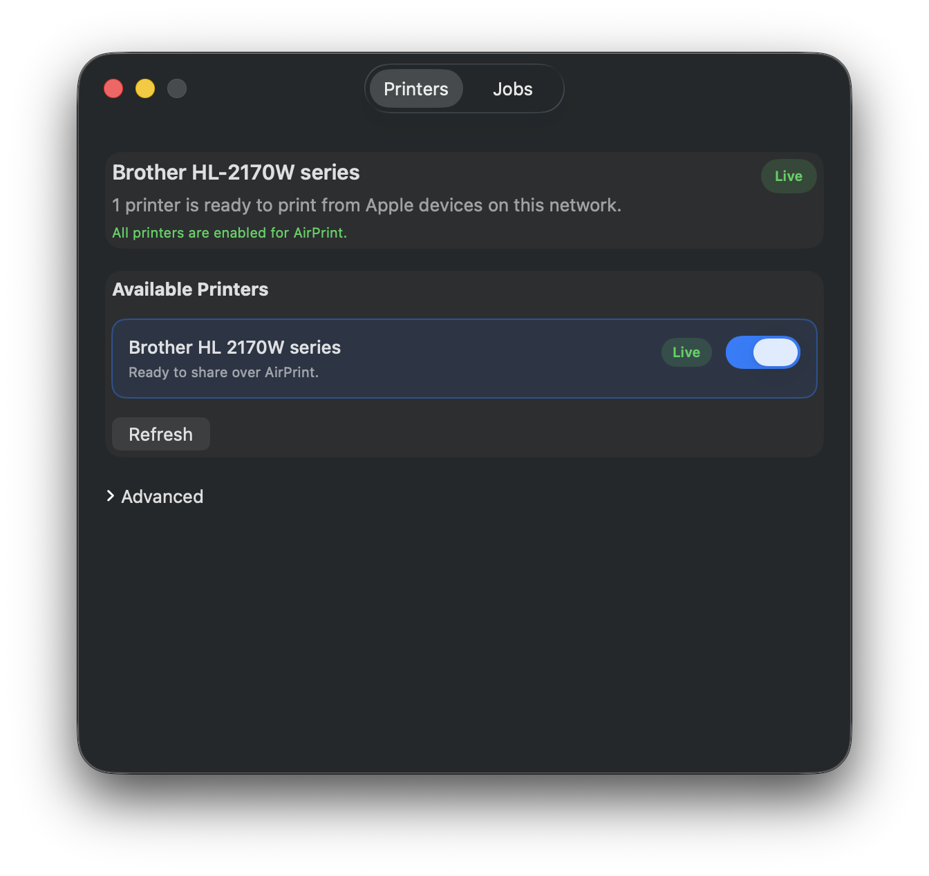 Printer Bridge printers view in dark mode